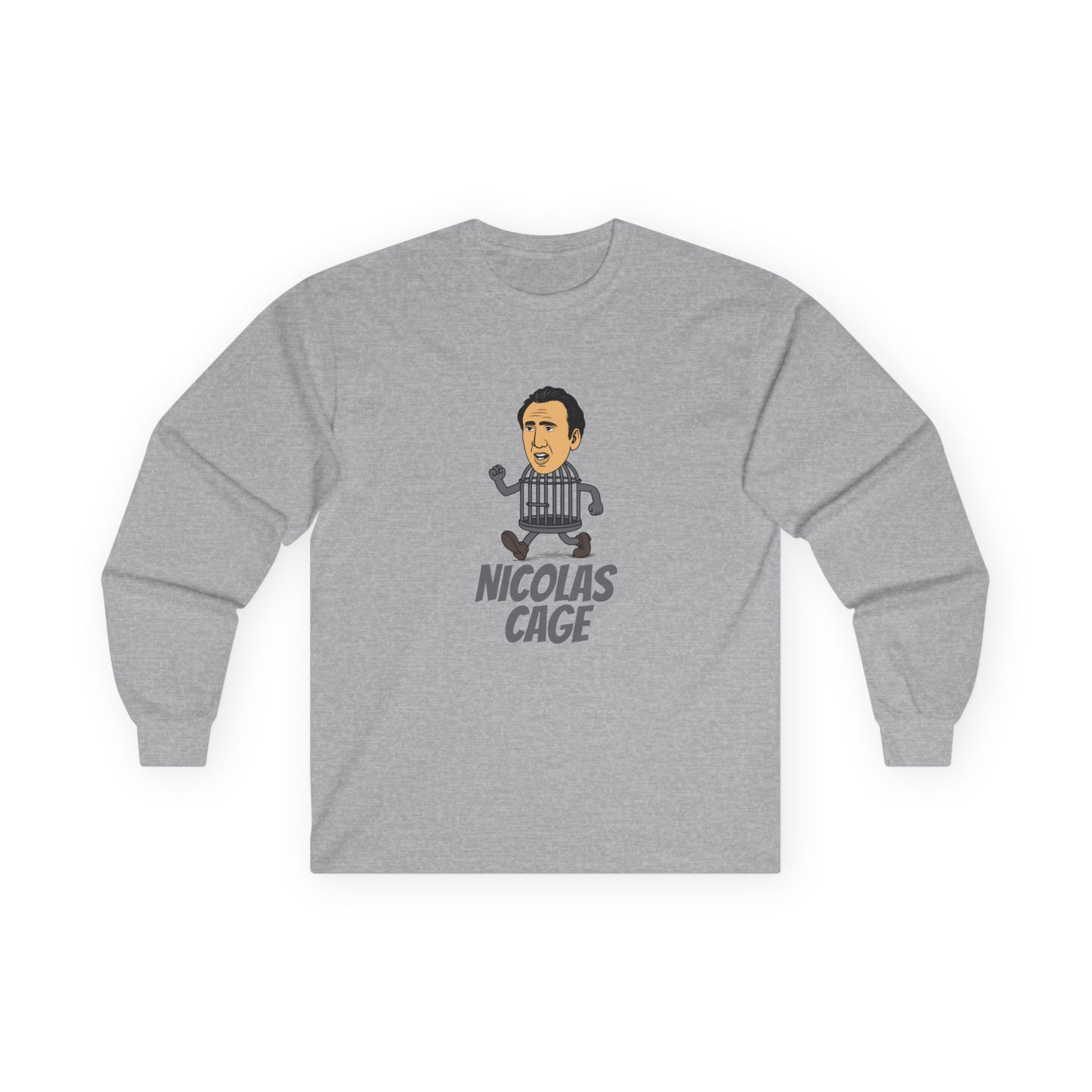 Nicolas Cage parody design featuring Nicolas Cage’s head on a metallic cage body, humorous pop culture mashup