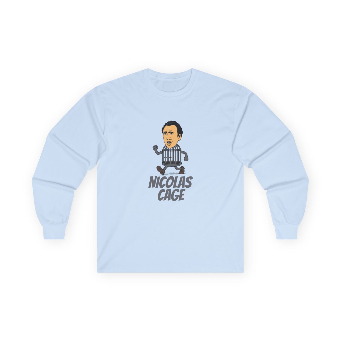 Nicolas Cage parody design featuring Nicolas Cage’s head on a metallic cage body, humorous pop culture mashup