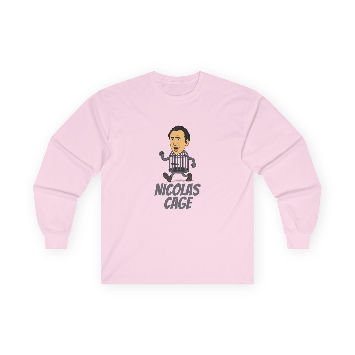 Nicolas Cage parody design featuring Nicolas Cage’s head on a metallic cage body, humorous pop culture mashup