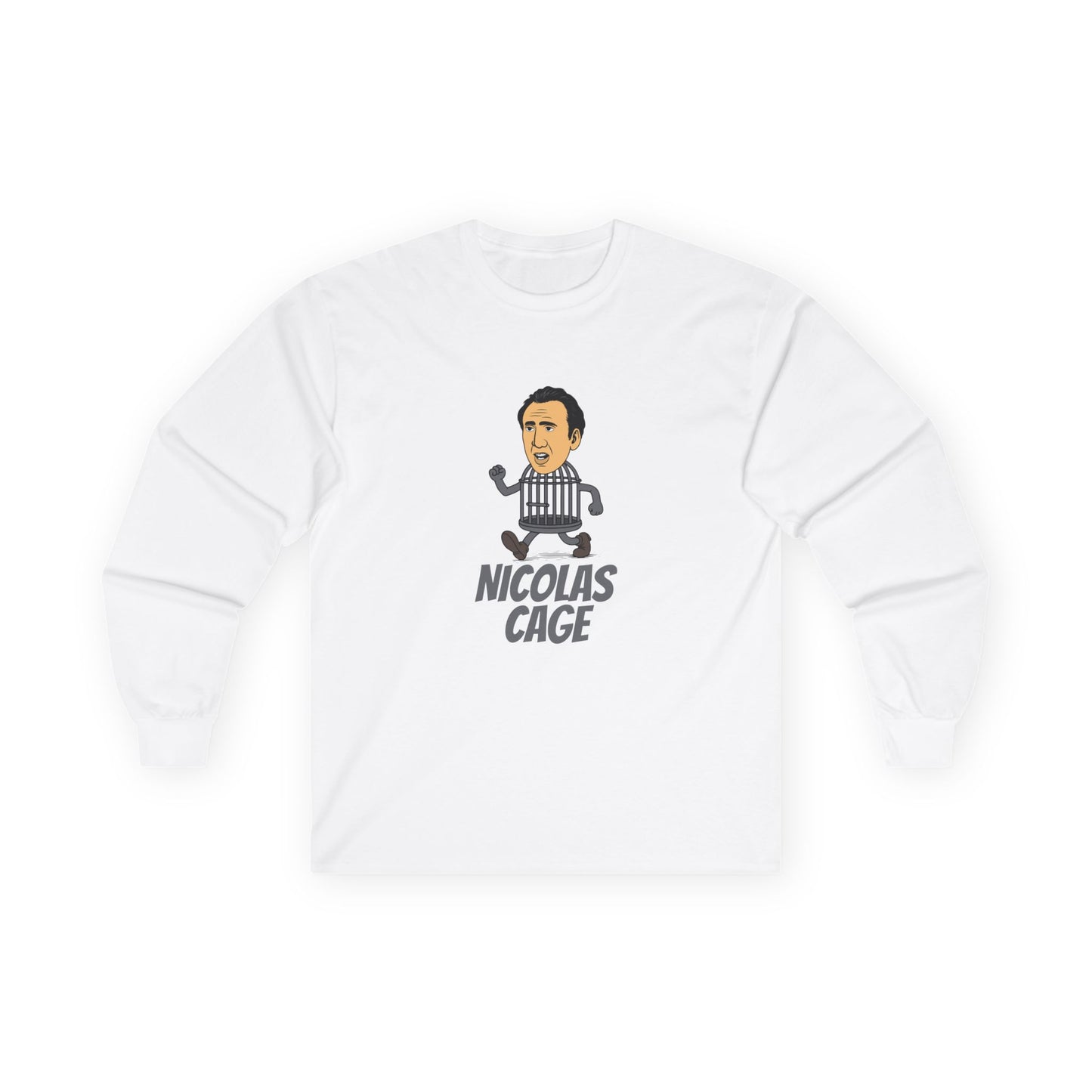 Nicolas Cage parody design featuring Nicolas Cage’s head on a metallic cage body, humorous pop culture mashup