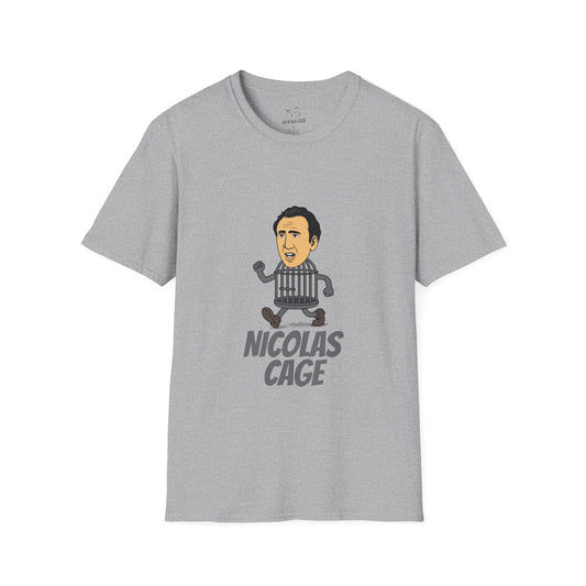 Nicolas Cage parody design featuring Nicolas Cage’s head on a metallic cage body, humorous pop culture mashup