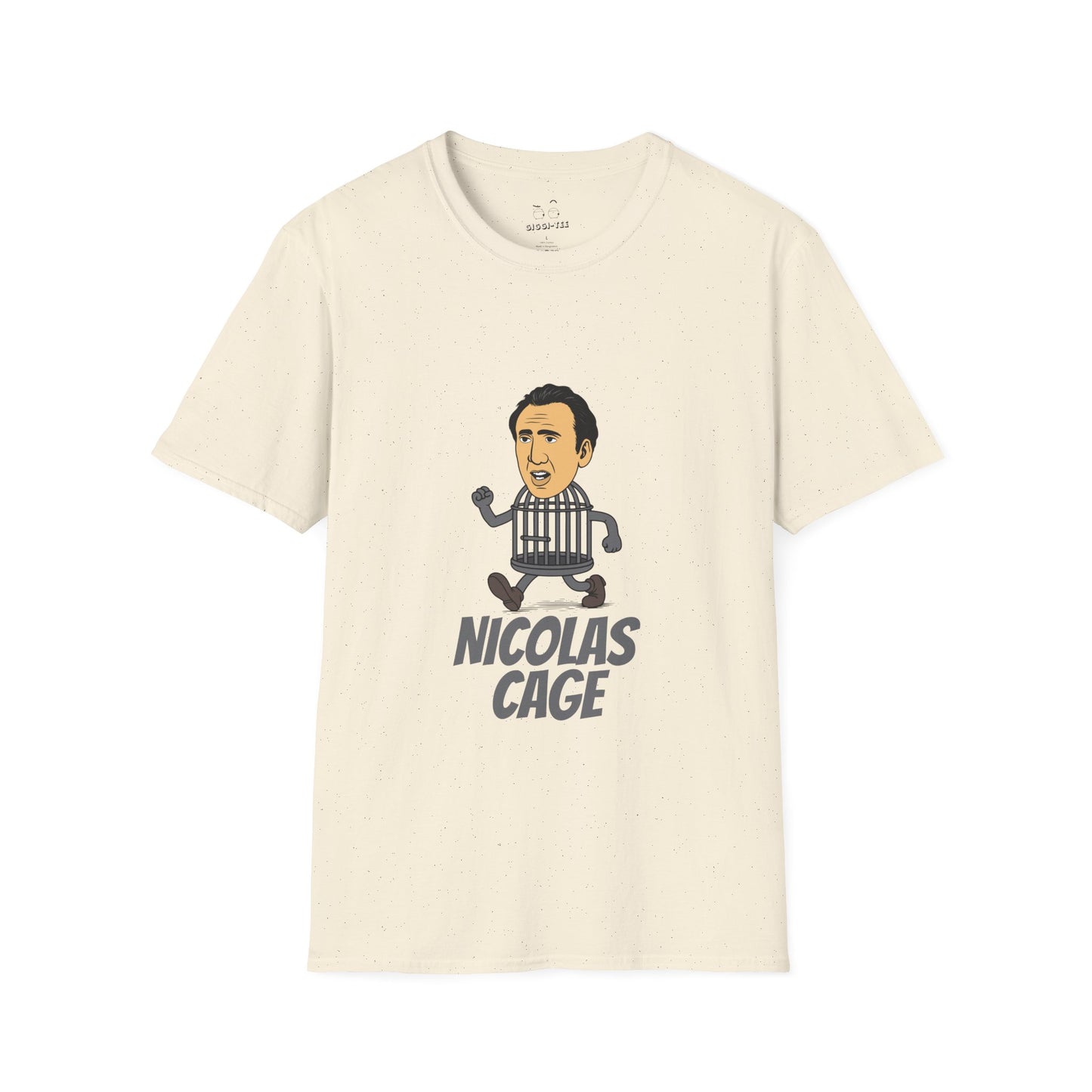 Nicolas Cage parody design featuring Nicolas Cage’s head on a metallic cage body, humorous pop culture mashup
