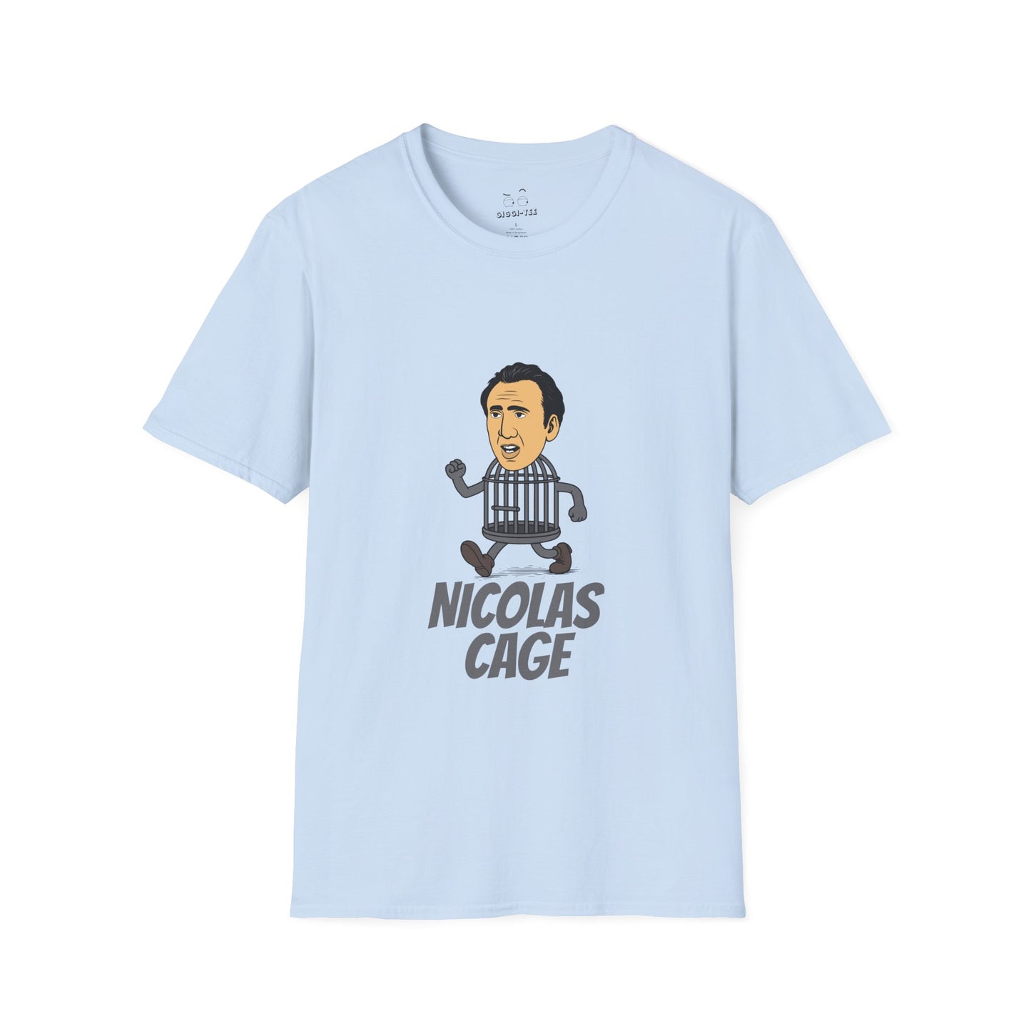 Nicolas Cage parody design featuring Nicolas Cage’s head on a metallic cage body, humorous pop culture mashup