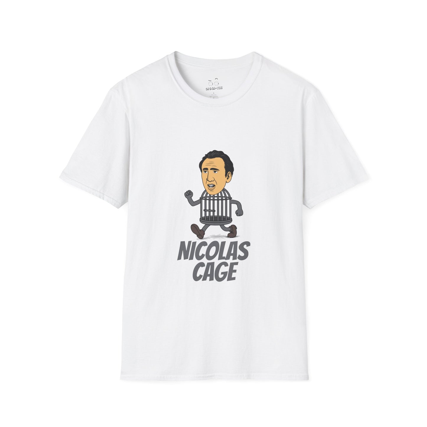 Nicolas Cage parody design featuring Nicolas Cage’s head on a metallic cage body, humorous pop culture mashup