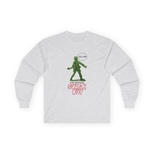 Green toy soldier with “Tell ‘Em” caption and ‘Original Soulja Boy’ text funny pun shirt mixing childhood toys and rap culture