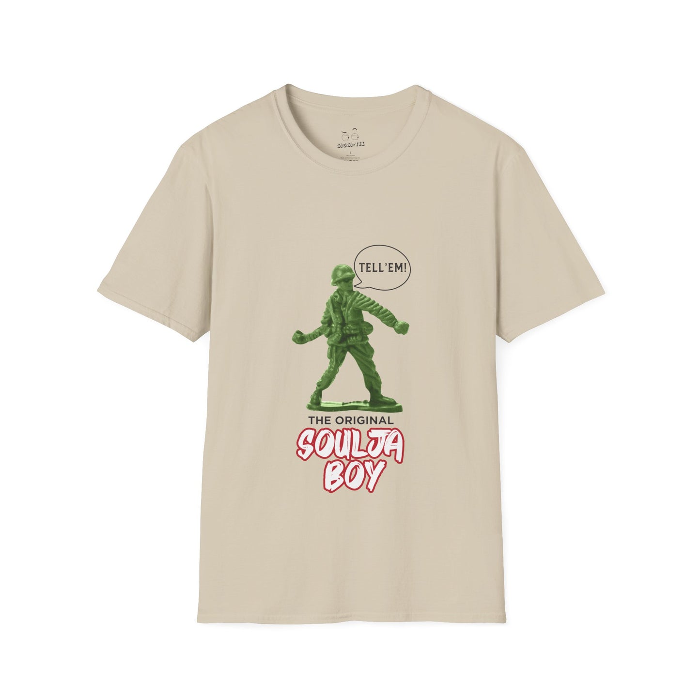 Green toy soldier with “Tell ‘Em” caption and ‘Original Soulja Boy’ text funny pun shirt mixing childhood toys and rap culture