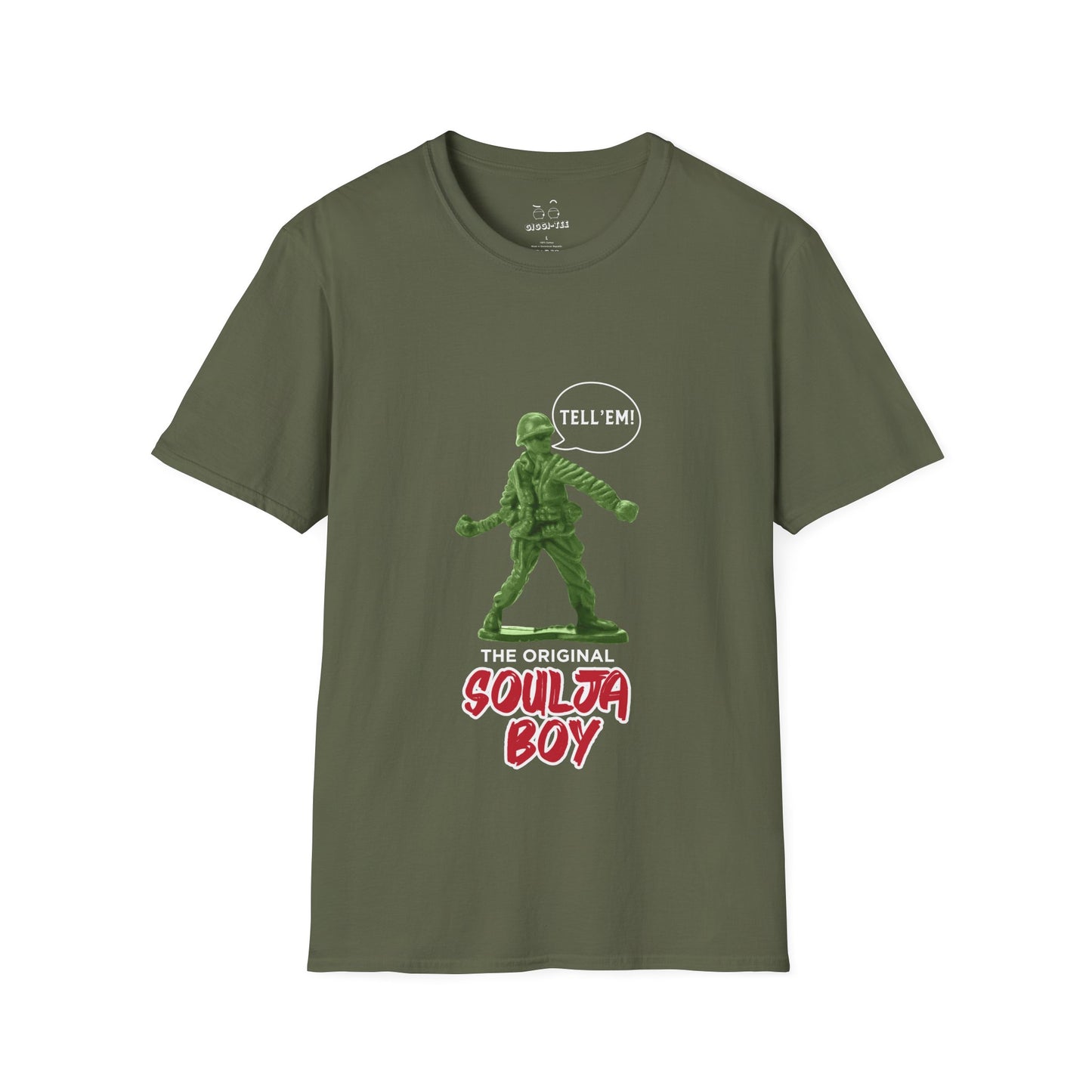 Green toy soldier with “Tell ‘Em” caption and ‘Original Soulja Boy’ text funny pun shirt mixing childhood toys and rap culture