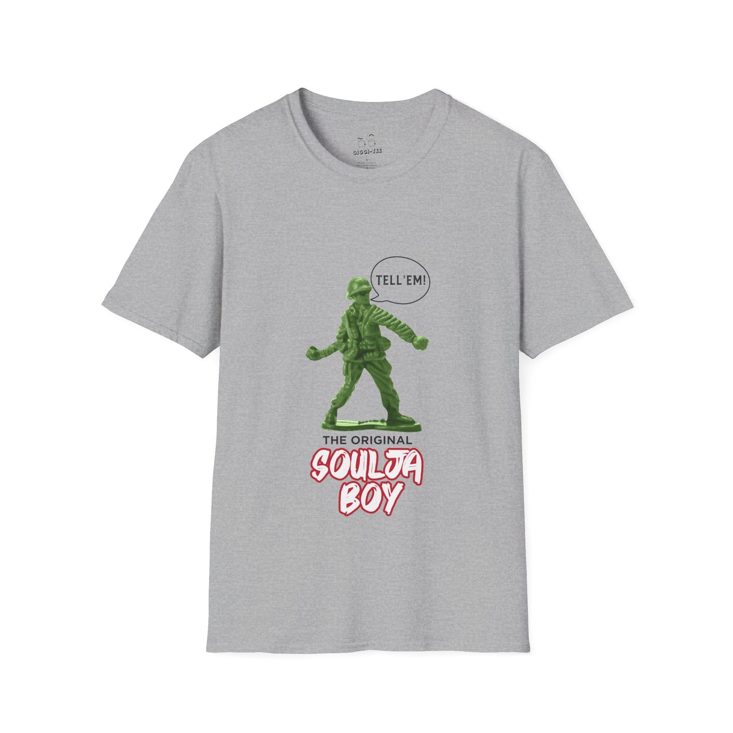 Green toy soldier with “Tell ‘Em” caption and ‘Original Soulja Boy’ text funny pun shirt mixing childhood toys and rap culture