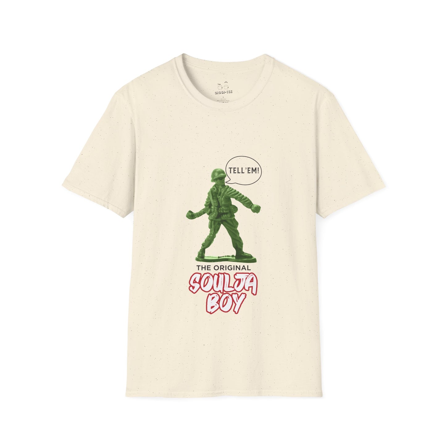 Green toy soldier with “Tell ‘Em” caption and ‘Original Soulja Boy’ text funny pun shirt mixing childhood toys and rap culture