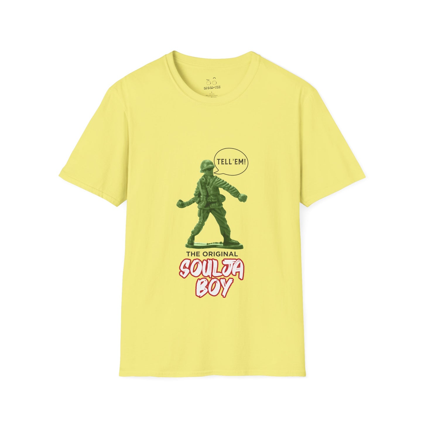 Green toy soldier with “Tell ‘Em” caption and ‘Original Soulja Boy’ text funny pun shirt mixing childhood toys and rap culture