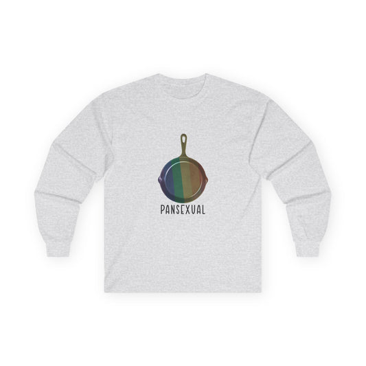 Pansexual shirt featuring a frying pan with a rainbow flag — because the joke wrote itself. Wear it hot.