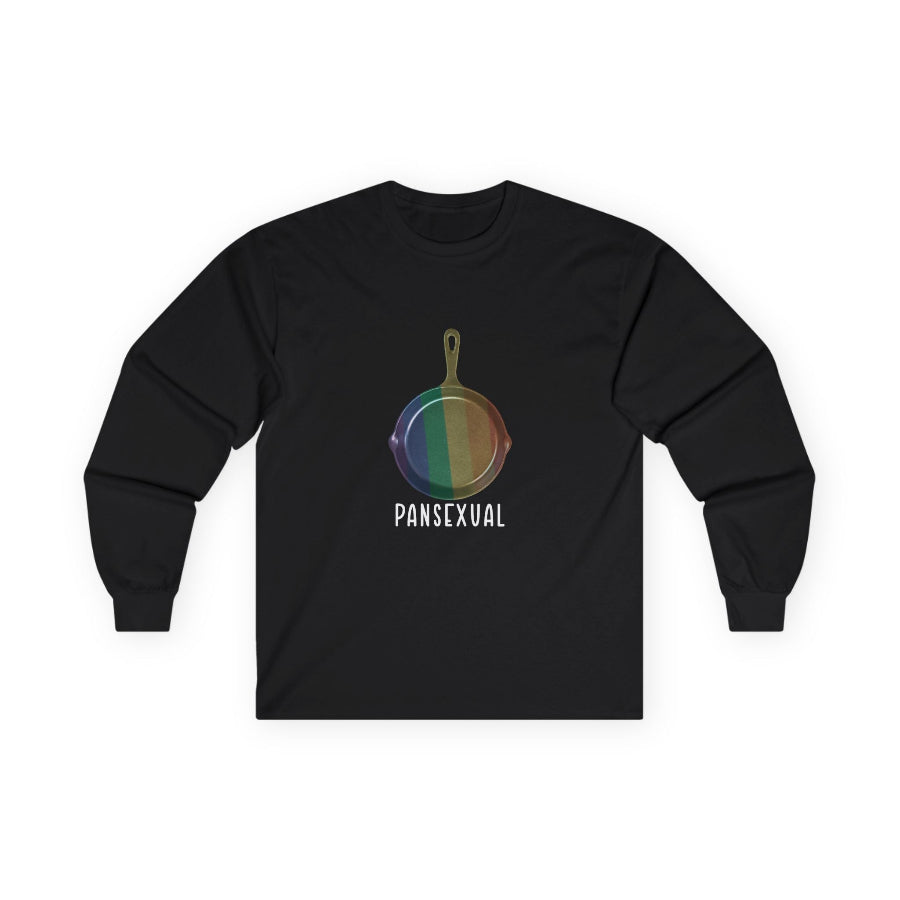 Pansexual shirt featuring a frying pan with a rainbow flag — because the joke wrote itself. Wear it hot.