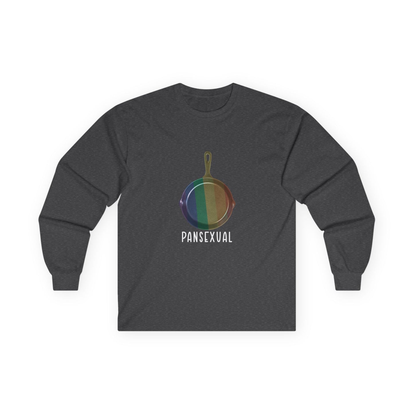Pansexual shirt featuring a frying pan with a rainbow flag — because the joke wrote itself. Wear it hot.