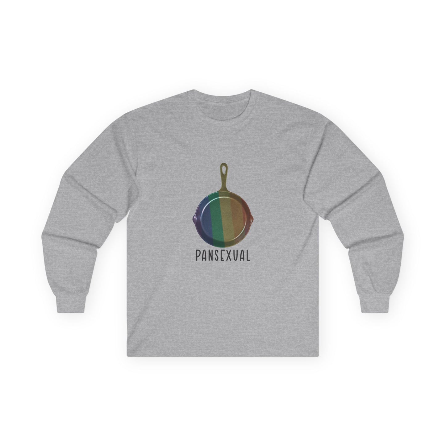 Pansexual shirt featuring a frying pan with a rainbow flag — because the joke wrote itself. Wear it hot.