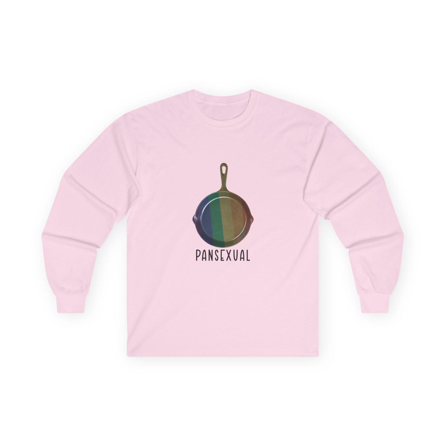 Pansexual shirt featuring a frying pan with a rainbow flag — because the joke wrote itself. Wear it hot.