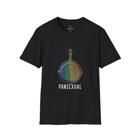 Pansexual shirt featuring a frying pan with a rainbow flag — because the joke wrote itself. Wear it hot.