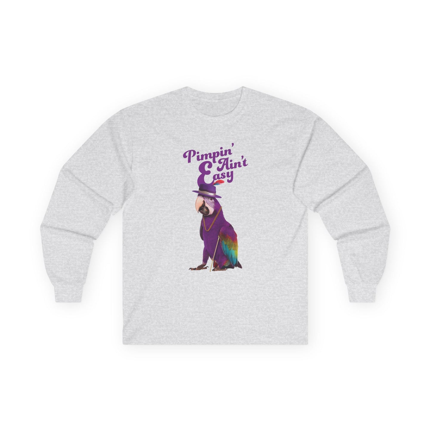 Funny parrot shirt with text “Pimpin’ Ain’t Easy” featuring a purple parrot wearing a golden chain, cane, and feathered hat.