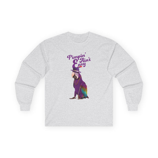 Funny parrot shirt with text “Pimpin’ Ain’t Easy” featuring a purple parrot wearing a golden chain, cane, and feathered hat.