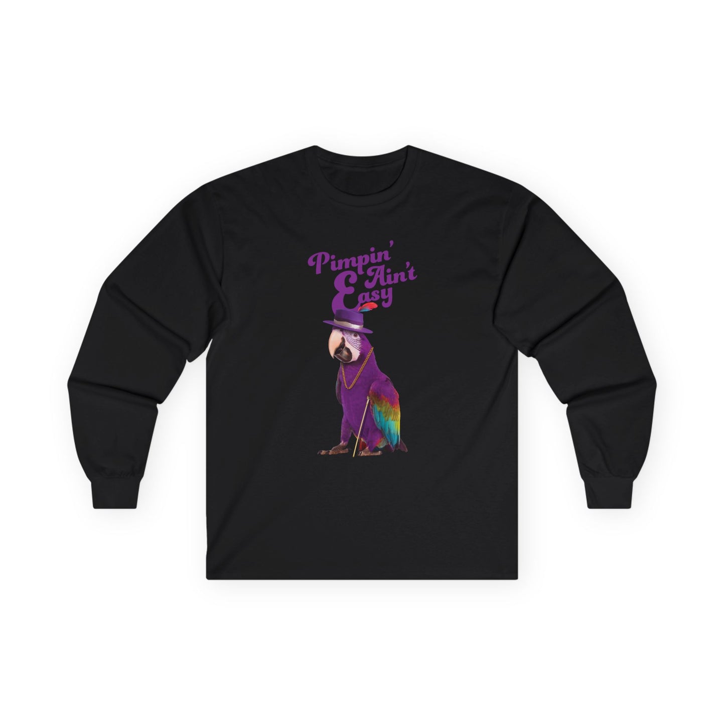 Funny parrot shirt with text “Pimpin’ Ain’t Easy” featuring a purple parrot wearing a golden chain, cane, and feathered hat.