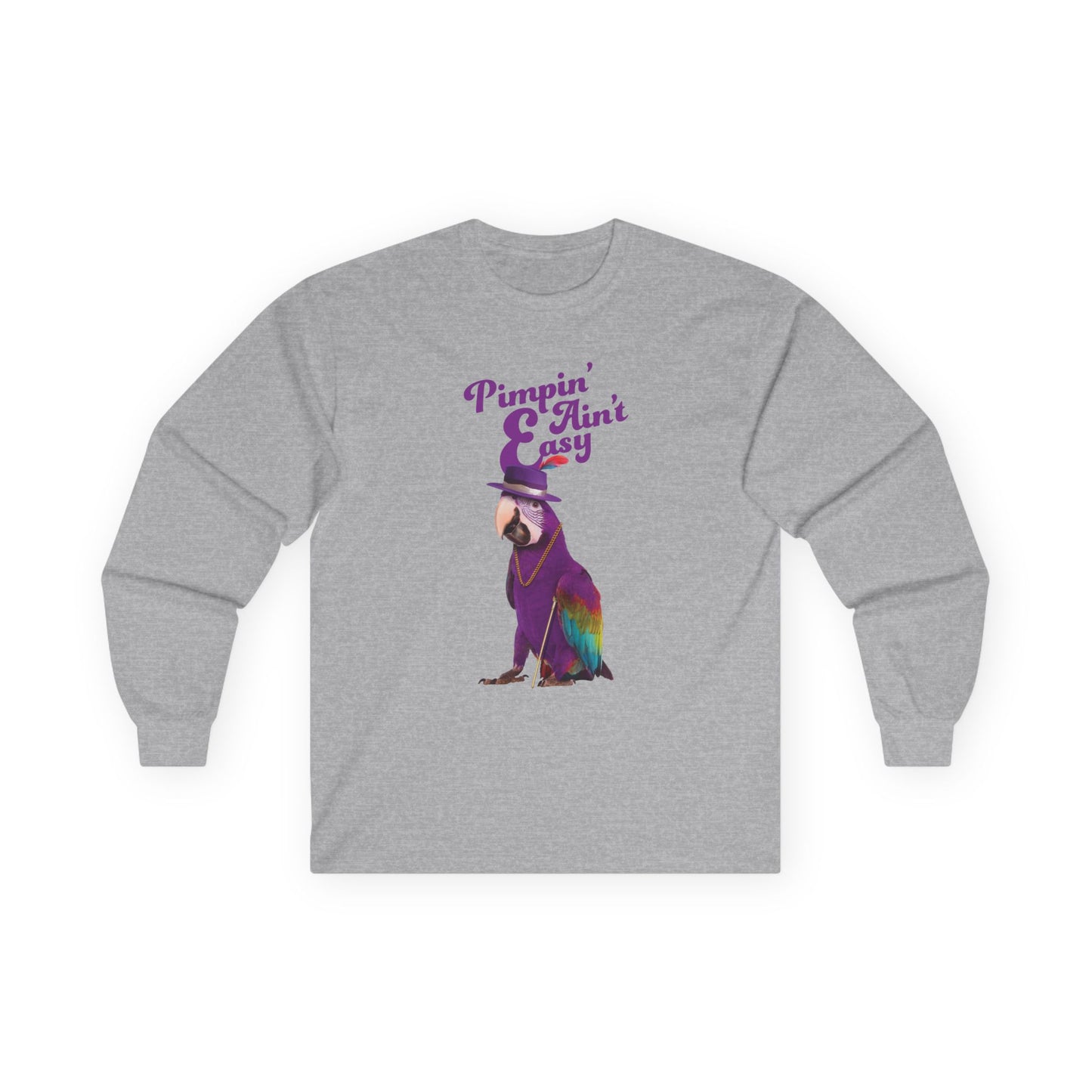 Funny parrot shirt with text “Pimpin’ Ain’t Easy” featuring a purple parrot wearing a golden chain, cane, and feathered hat.