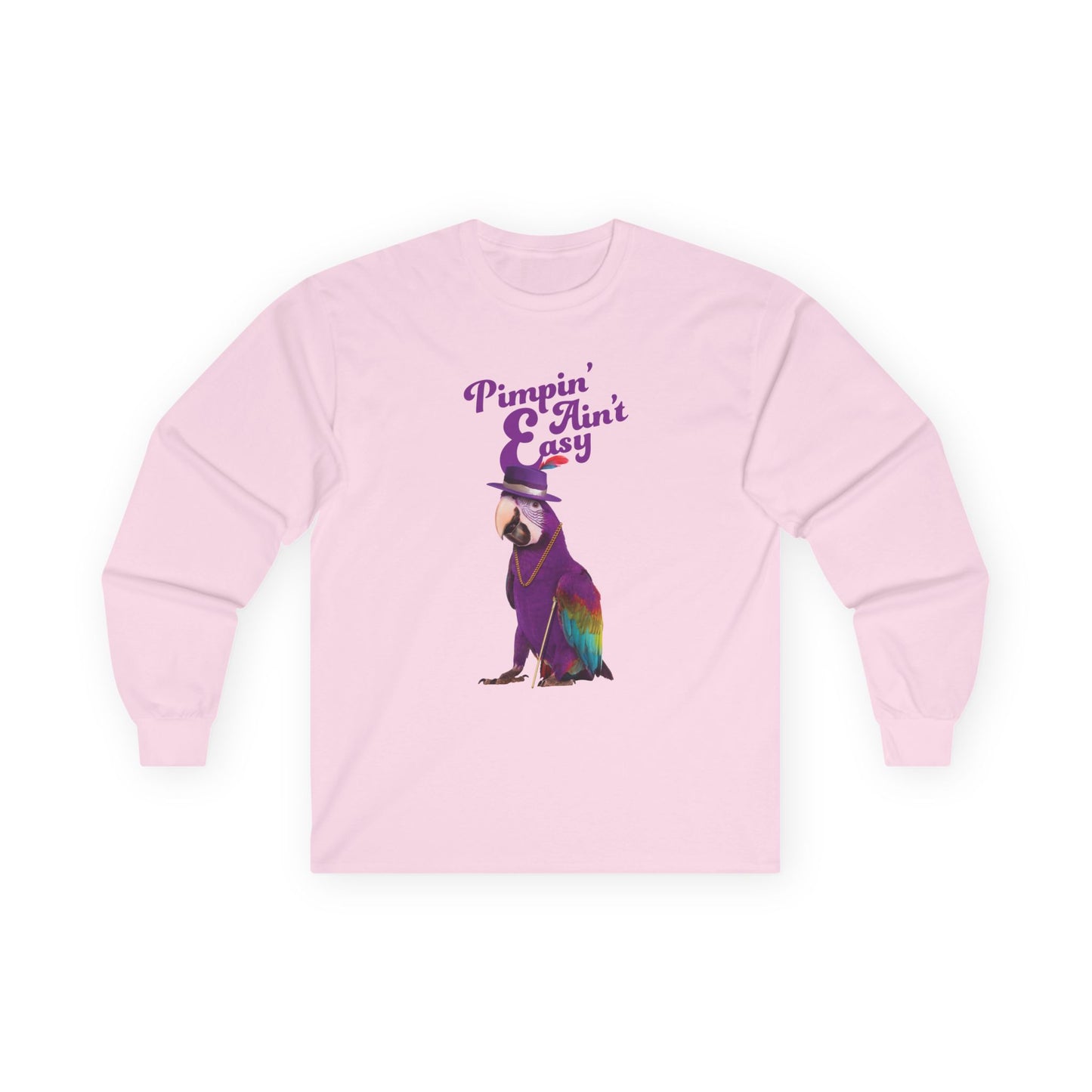 Funny parrot shirt with text “Pimpin’ Ain’t Easy” featuring a purple parrot wearing a golden chain, cane, and feathered hat.
