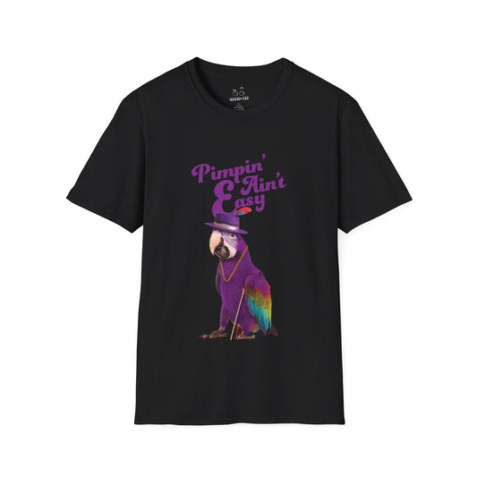 Funny parrot shirt with text “Pimpin’ Ain’t Easy” featuring a purple parrot wearing a golden chain, cane, and feathered hat.