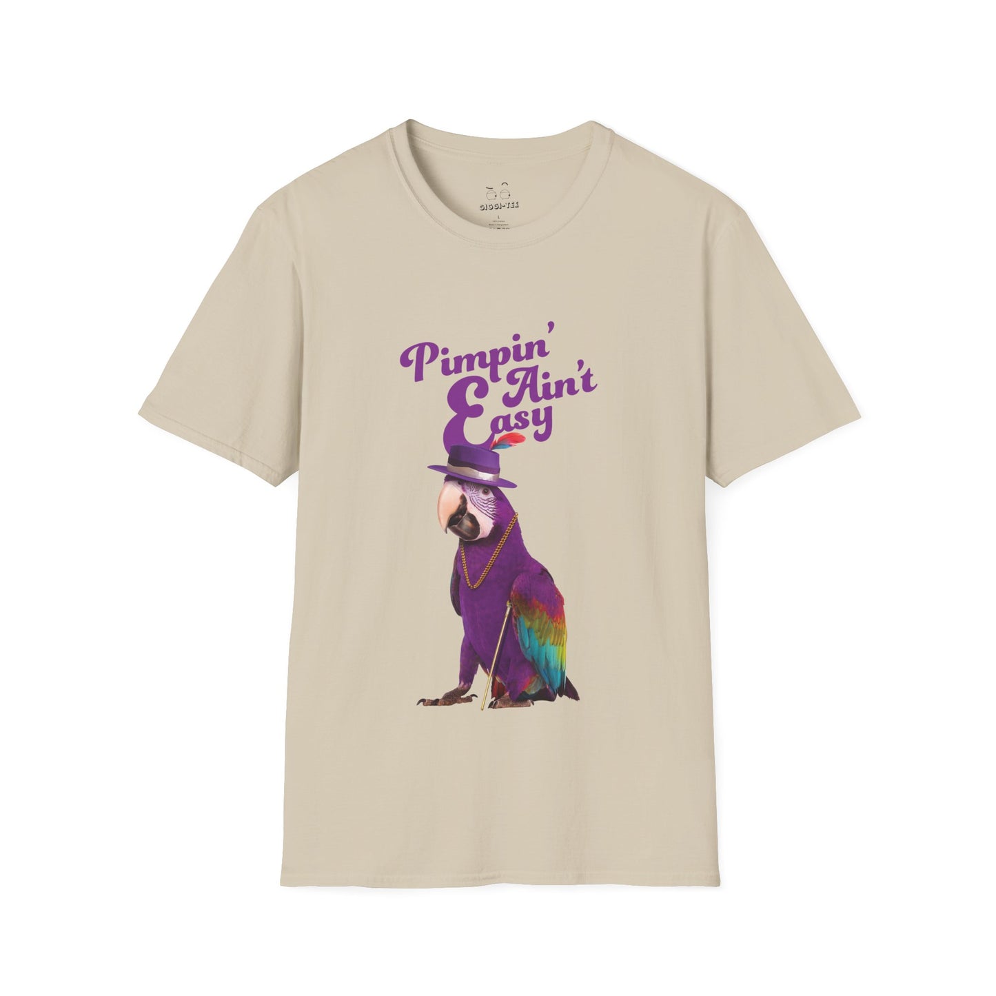 Funny parrot shirt with text “Pimpin’ Ain’t Easy” featuring a purple parrot wearing a golden chain, cane, and feathered hat.