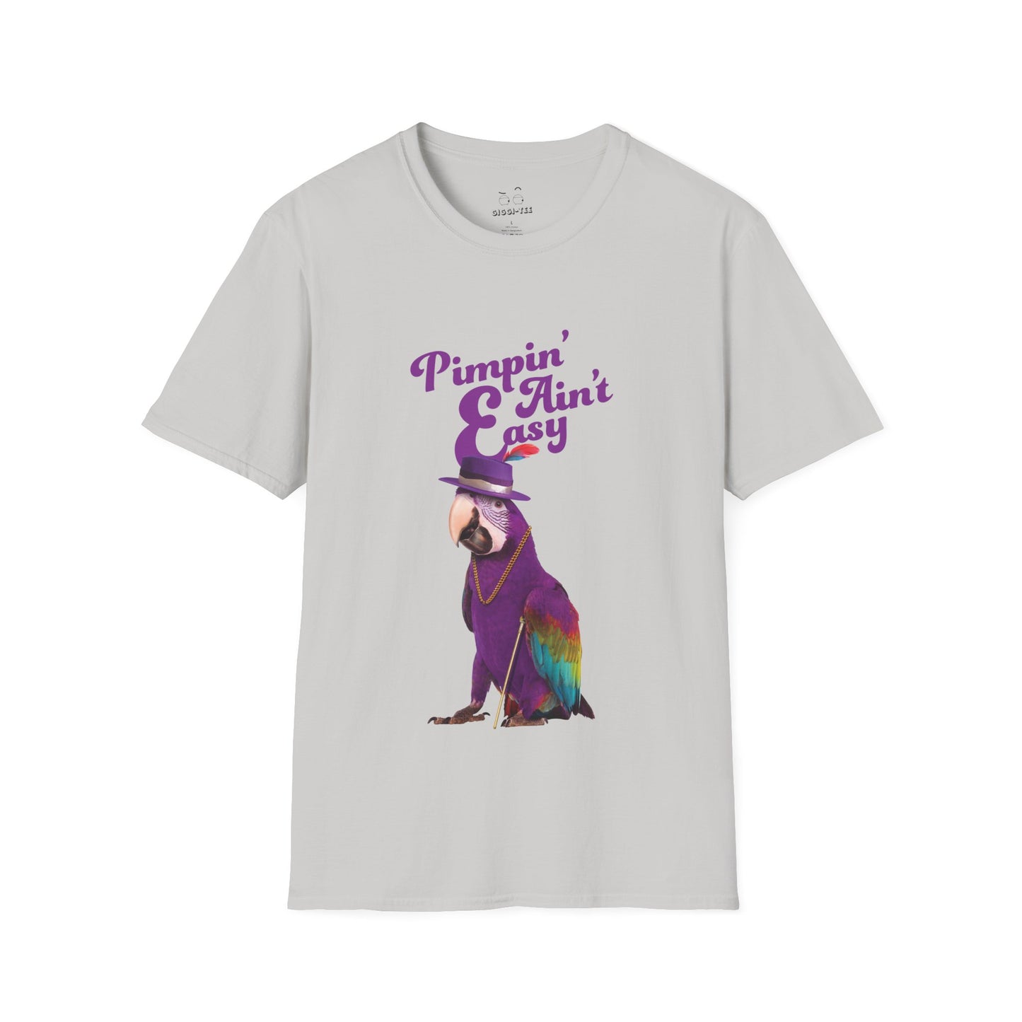 Funny parrot shirt with text “Pimpin’ Ain’t Easy” featuring a purple parrot wearing a golden chain, cane, and feathered hat.
