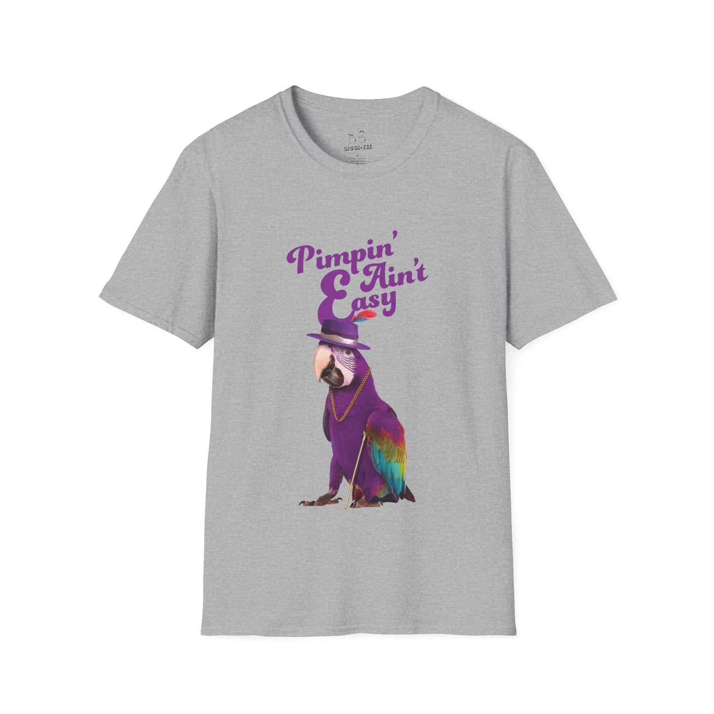 Funny parrot shirt with text “Pimpin’ Ain’t Easy” featuring a purple parrot wearing a golden chain, cane, and feathered hat.