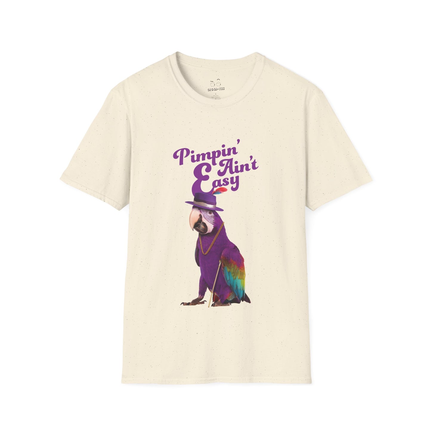Funny parrot shirt with text “Pimpin’ Ain’t Easy” featuring a purple parrot wearing a golden chain, cane, and feathered hat.