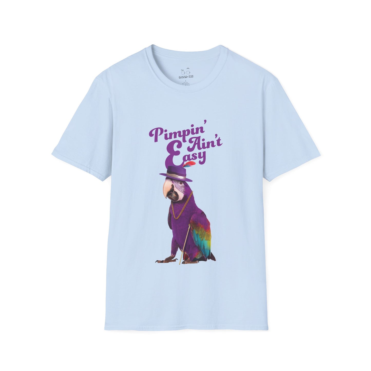 Funny parrot shirt with text “Pimpin’ Ain’t Easy” featuring a purple parrot wearing a golden chain, cane, and feathered hat.