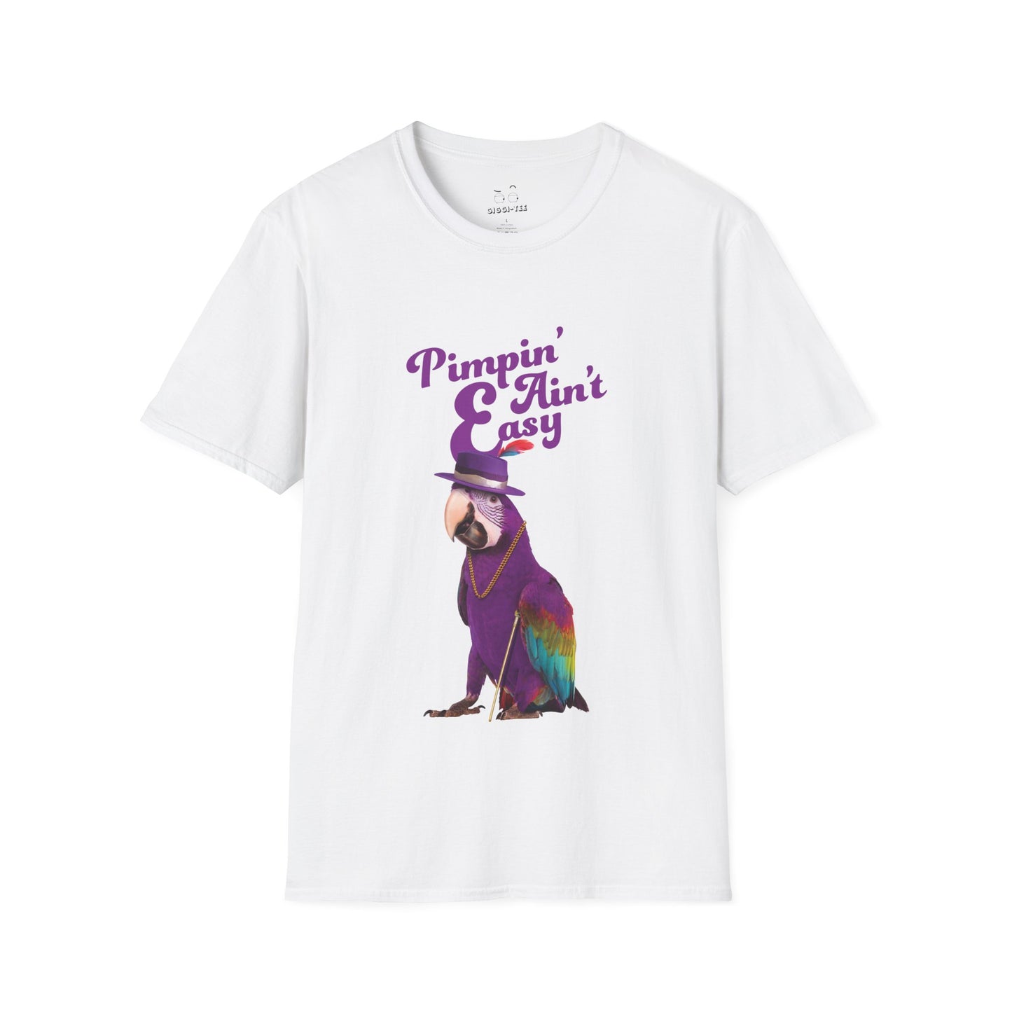 Funny parrot shirt with text “Pimpin’ Ain’t Easy” featuring a purple parrot wearing a golden chain, cane, and feathered hat.