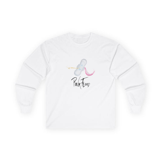 Parody of Pink Floyd’s Dark Side of the Moon album cover reimagined with a tampon prism, humorous Pink Flood pun on a t-shirt.