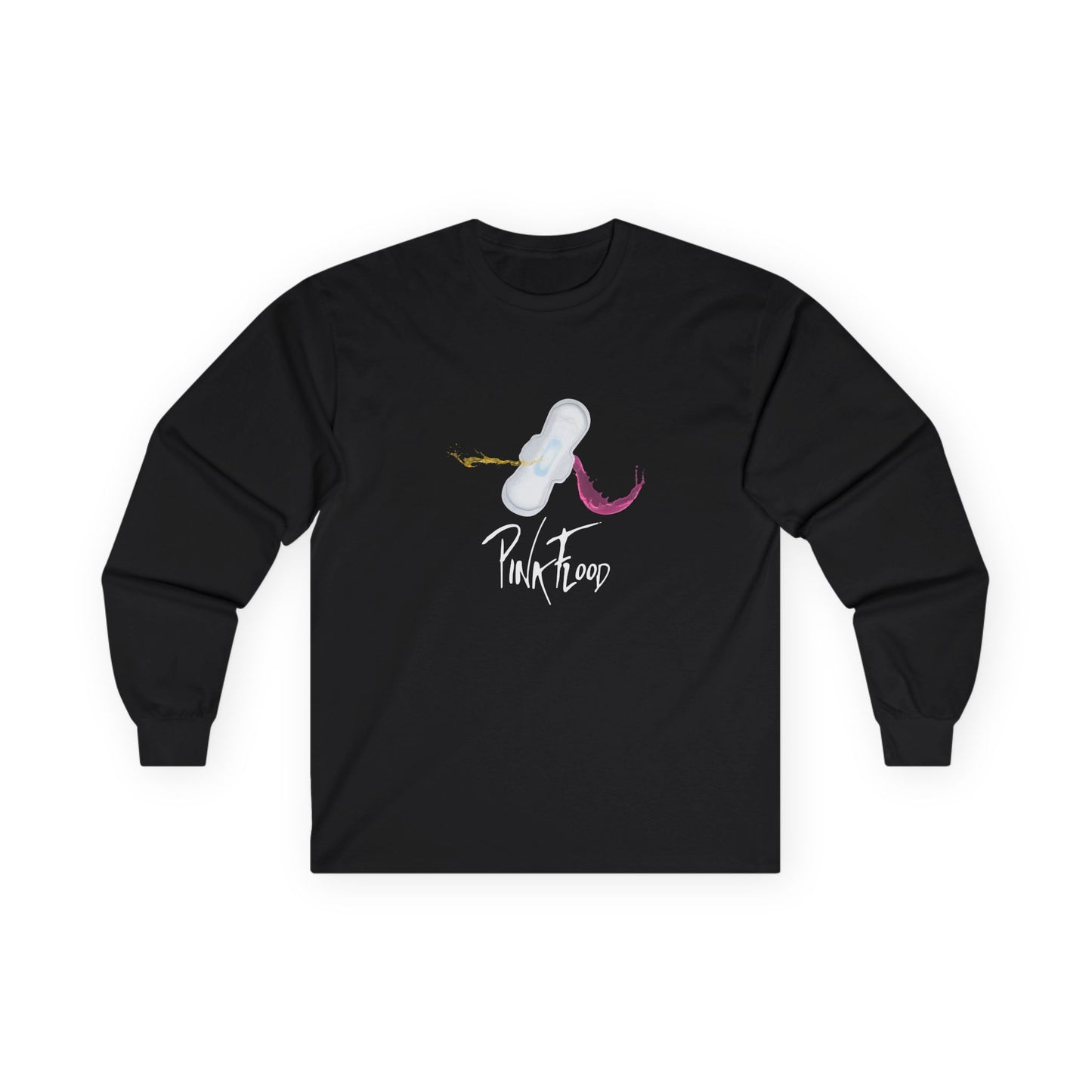 Parody of Pink Floyd’s Dark Side of the Moon album cover reimagined with a tampon prism, humorous Pink Flood pun on a t-shirt.