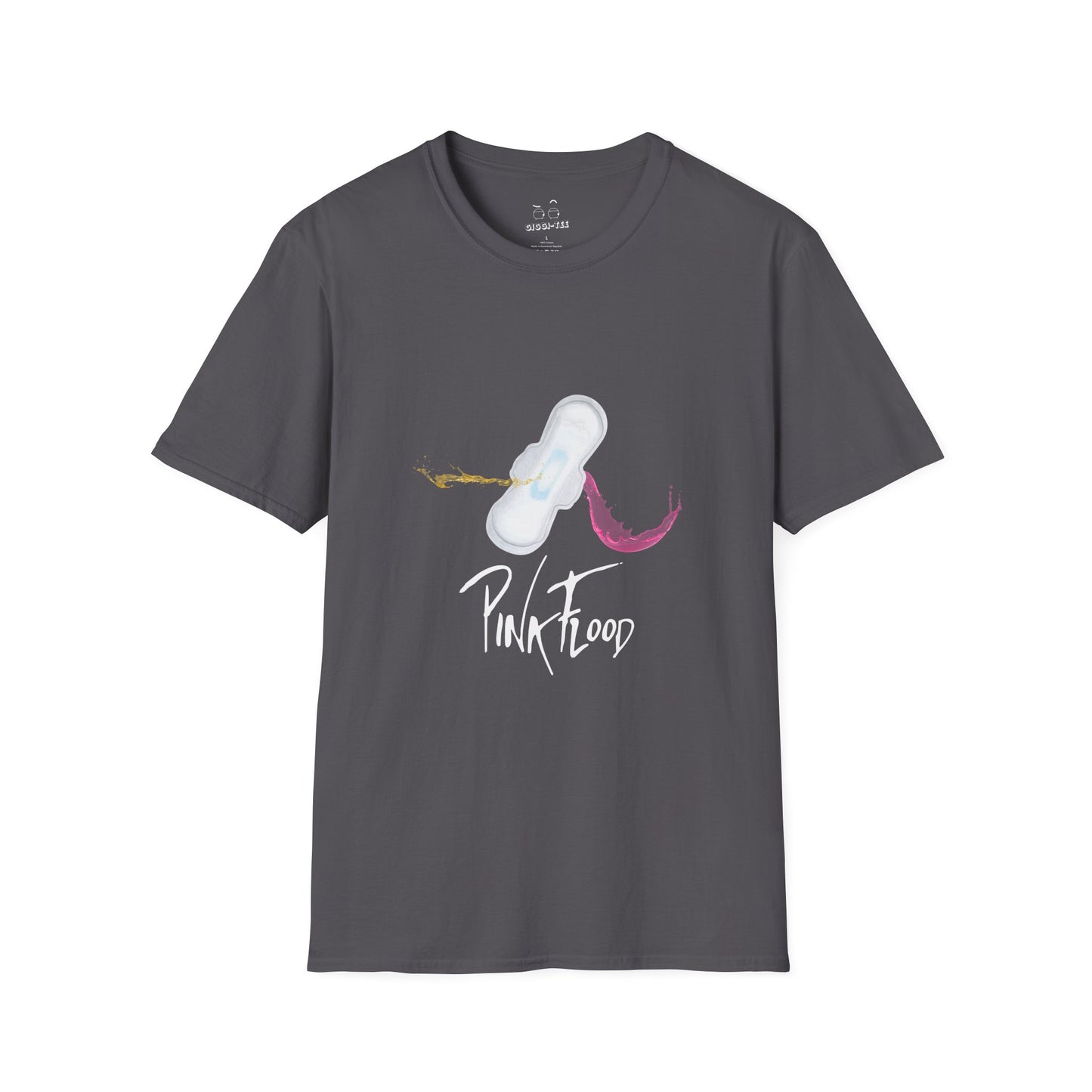 Parody of Pink Floyd’s Dark Side of the Moon album cover reimagined with a tampon prism, humorous Pink Flood pun on a t-shirt.