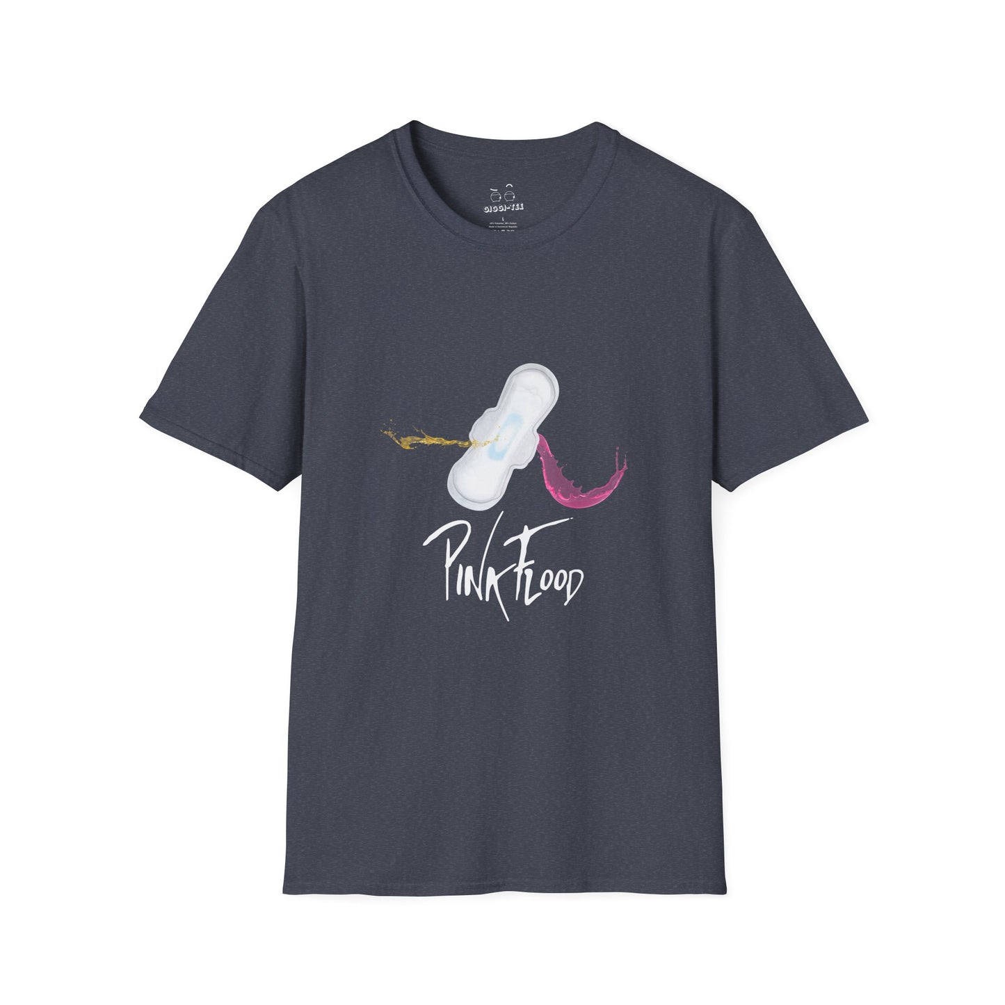 Parody of Pink Floyd’s Dark Side of the Moon album cover reimagined with a tampon prism, humorous Pink Flood pun on a t-shirt.