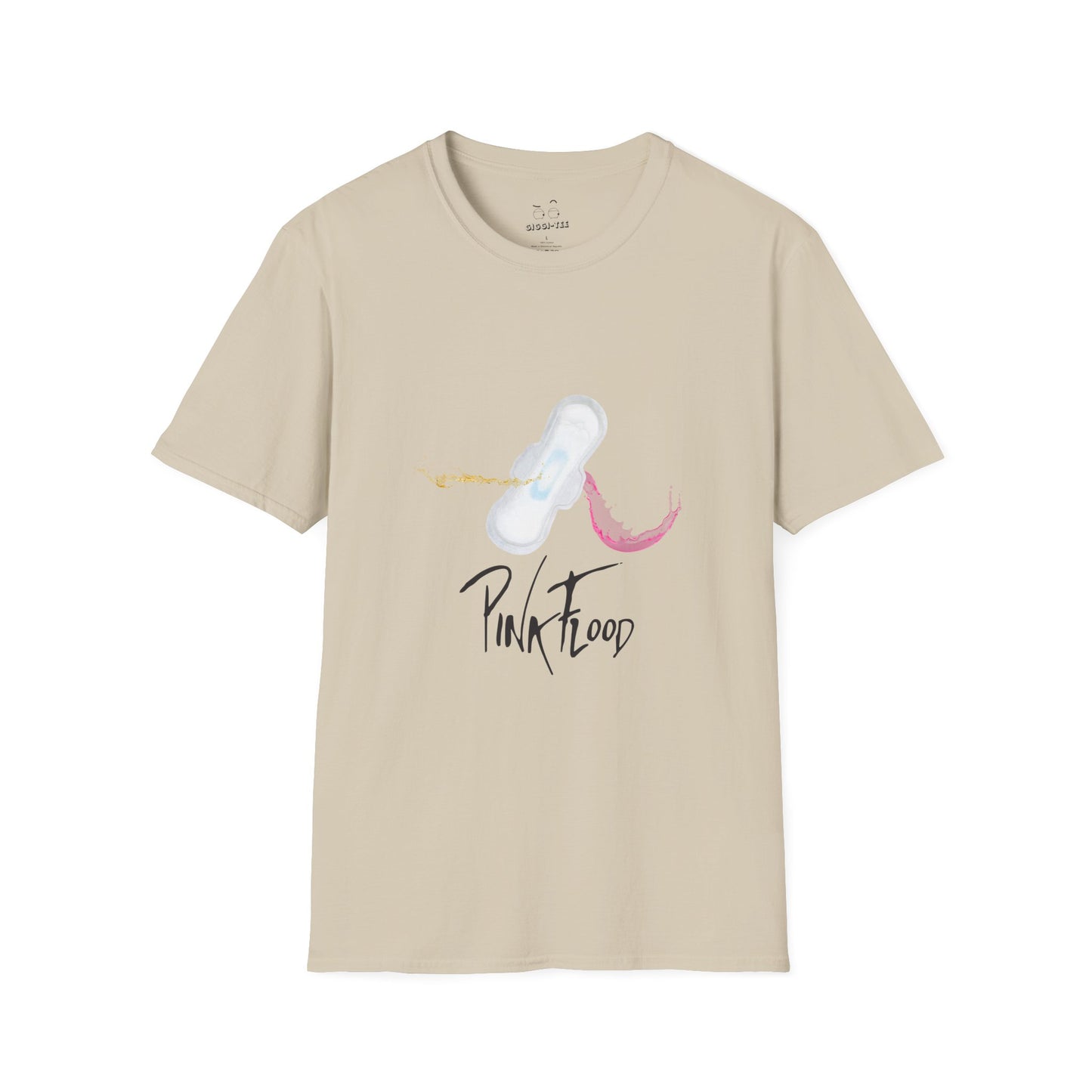 Parody of Pink Floyd’s Dark Side of the Moon album cover reimagined with a tampon prism, humorous Pink Flood pun on a t-shirt.
