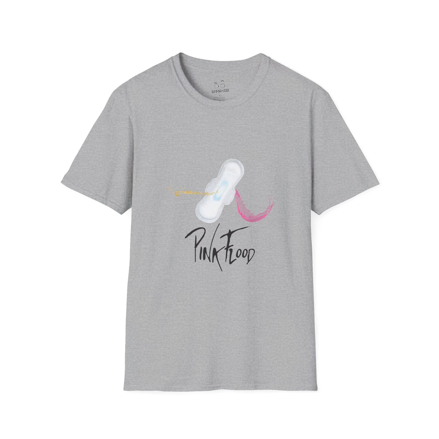 Parody of Pink Floyd’s Dark Side of the Moon album cover reimagined with a tampon prism, humorous Pink Flood pun on a t-shirt.