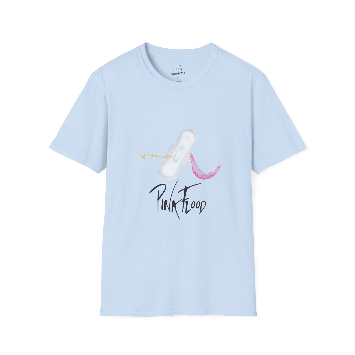 Parody of Pink Floyd’s Dark Side of the Moon album cover reimagined with a tampon prism, humorous Pink Flood pun on a t-shirt.