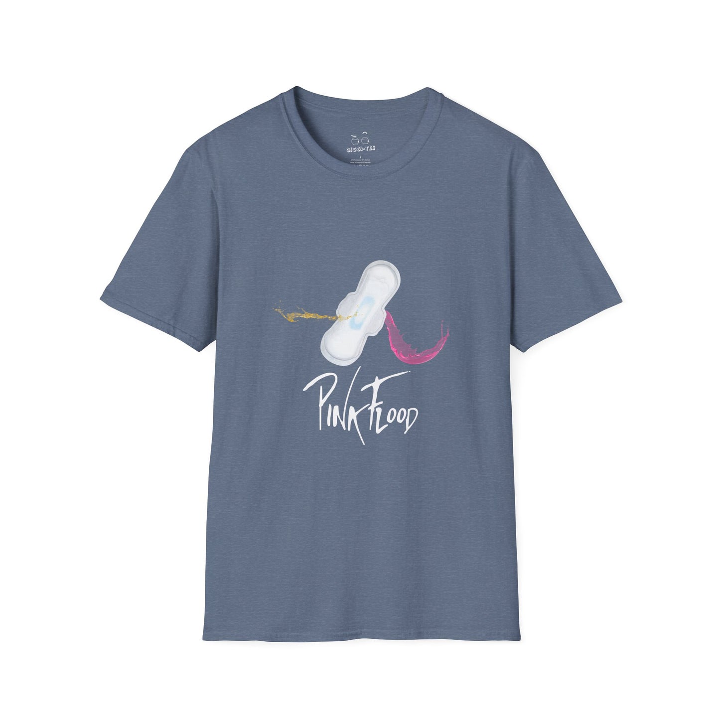 Parody of Pink Floyd’s Dark Side of the Moon album cover reimagined with a tampon prism, humorous Pink Flood pun on a t-shirt.