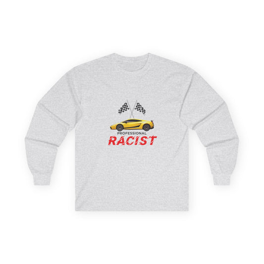 Yellow sports car with two crossed checkered racing flags above, accompanied by the text "Professional RACIST" in black and red letters.