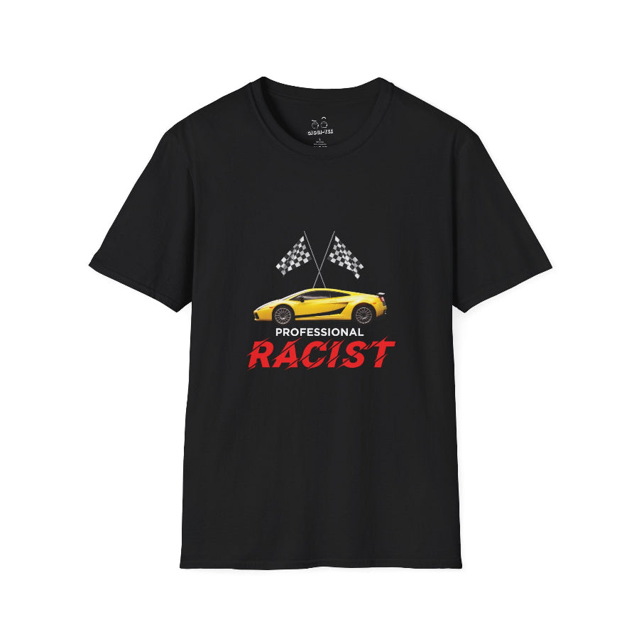 Yellow sports car with two crossed checkered racing flags above, accompanied by the text "Professional RACIST" in black and red letters.