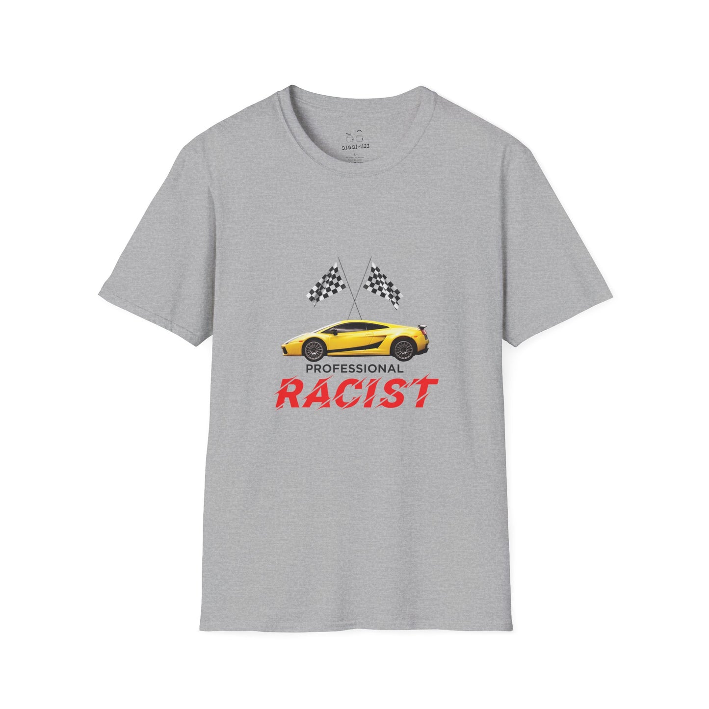 Yellow sports car with two crossed checkered racing flags above, accompanied by the text "Professional RACIST" in black and red letters.