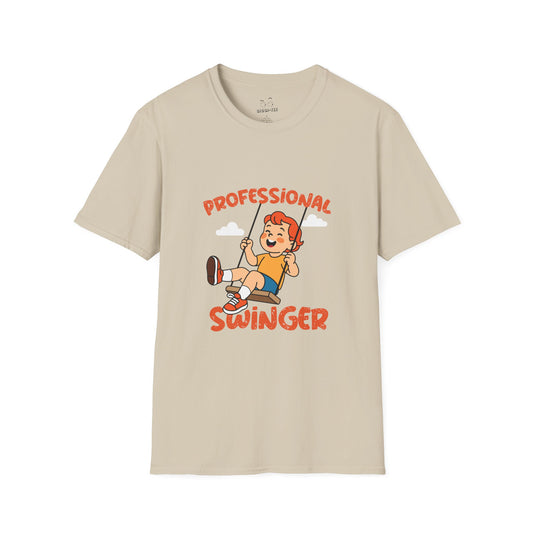 A little boy joyfully swinging on a playground swing with the text ‘Professional Swinger’, a humorous play on the adult term for swinging couples.