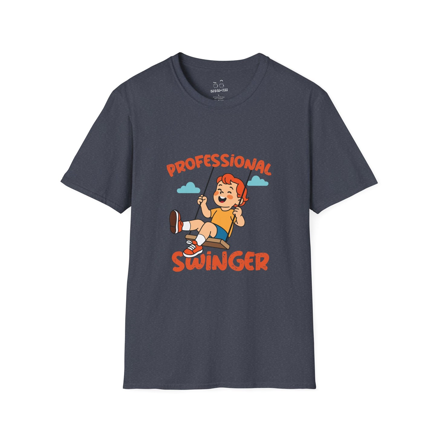 Humorous t-shirt design of a young boy happily swinging on a playground swing with the text ‘Professional Swinger,’ a playful double-meaning joke on the word swinging.