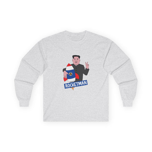 Kim Jong-Un parody shirt holding a rocket and flashing the victory sign — political satire funny t-shirt