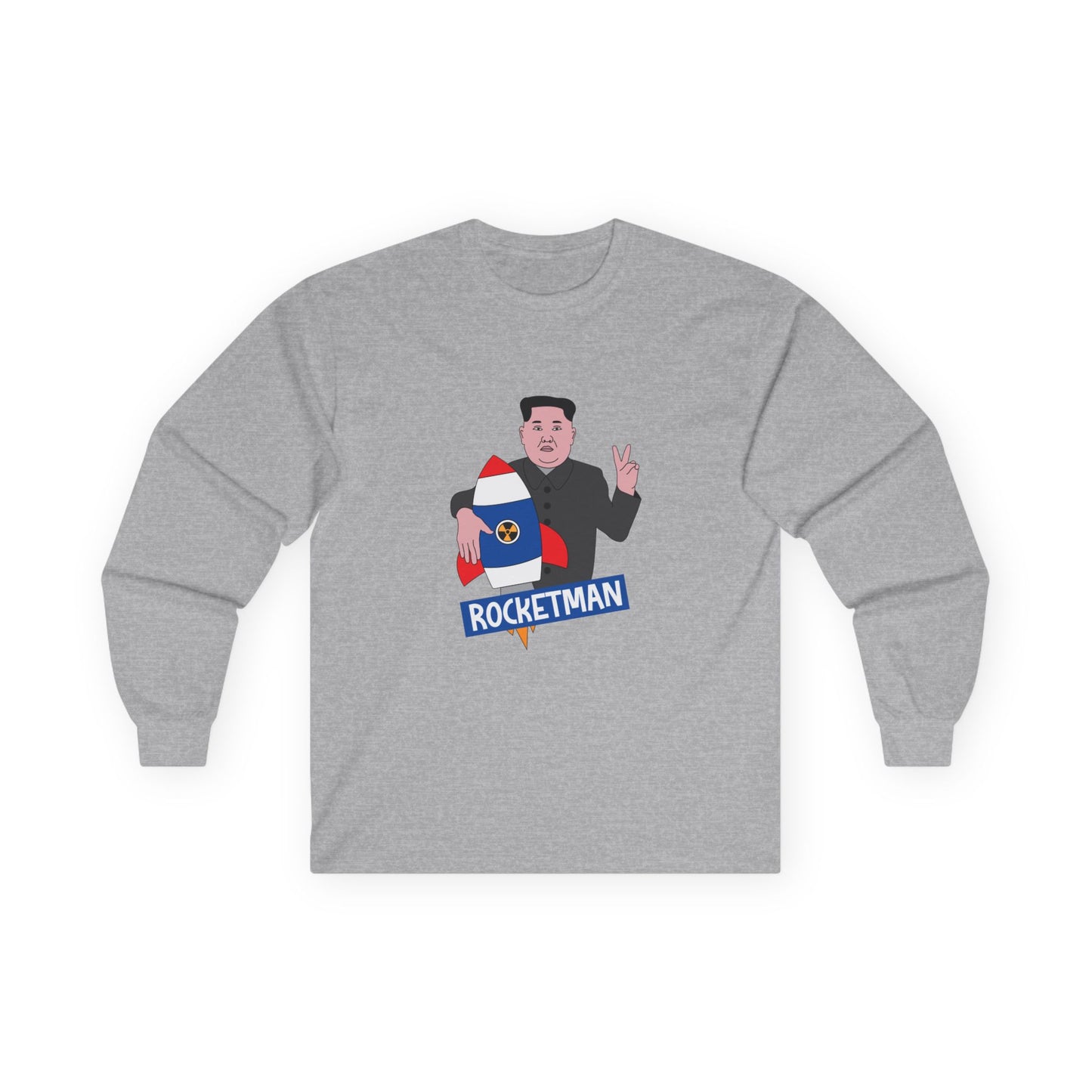 Kim Jong-Un parody shirt holding a rocket and flashing the victory sign — political satire funny t-shirt