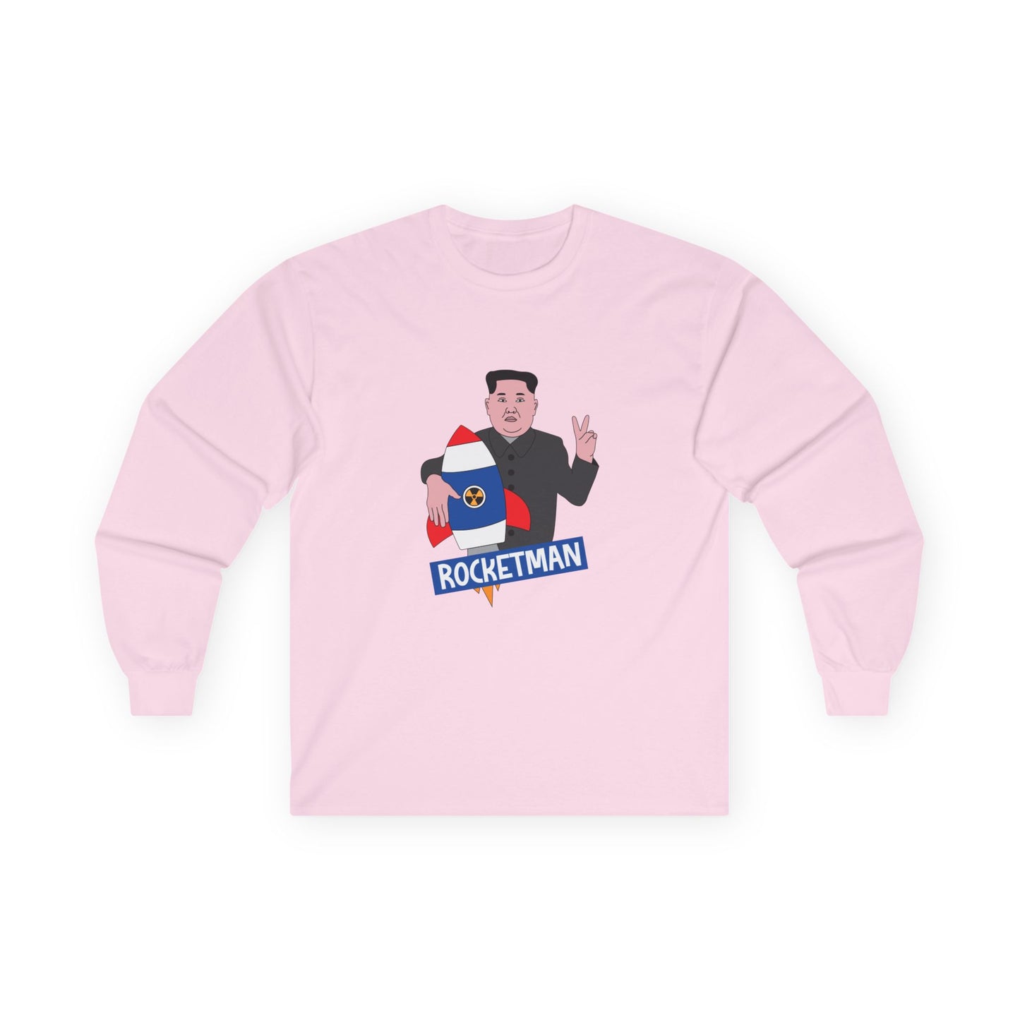 Kim Jong-Un parody shirt holding a rocket and flashing the victory sign — political satire funny t-shirt