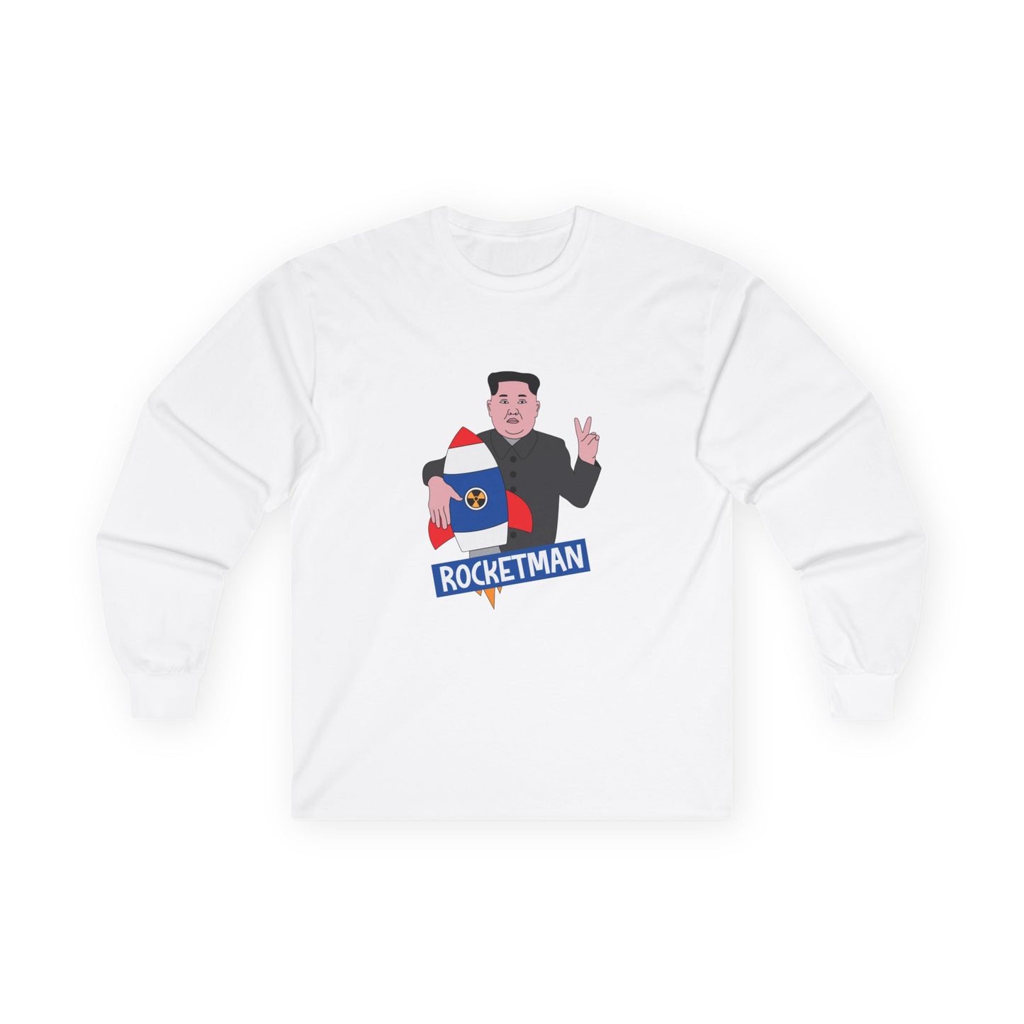 Kim Jong-Un parody shirt holding a rocket and flashing the victory sign — political satire funny t-shirt