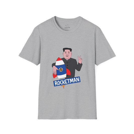 Kim Jong-Un parody shirt holding a rocket and flashing the victory sign — political satire funny shirt